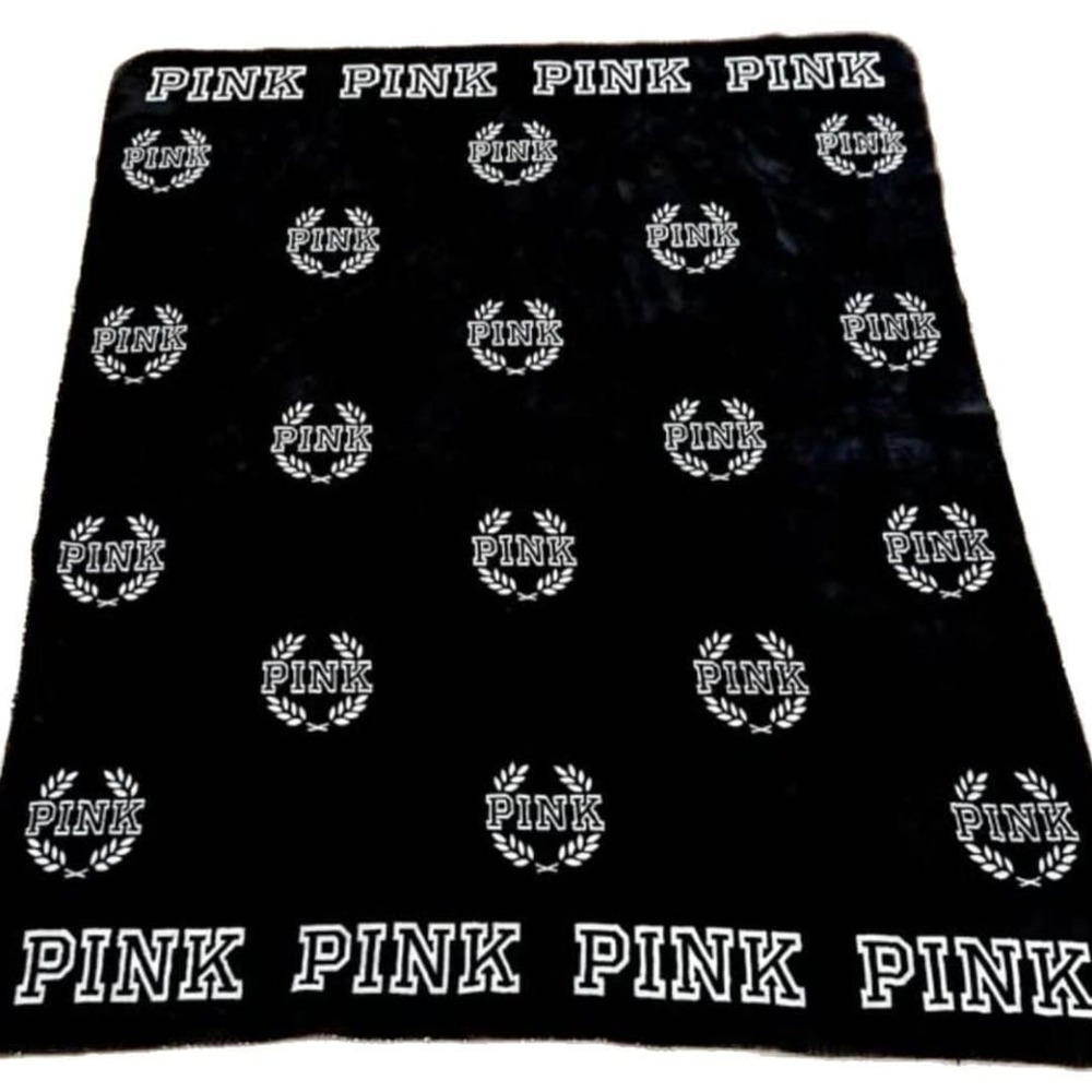 PINK Victoria's Secret Black Sherpa Logo Throw Blanket 50x60